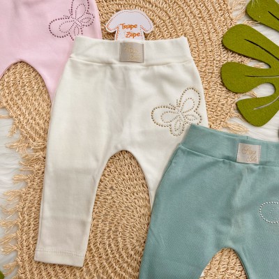 Kit 3 Calças - Borboletas de Strass - Rosa,Off White e Verde